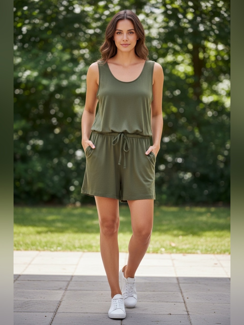 Zenana Outfitters Olive Tank Romper with Drawstring